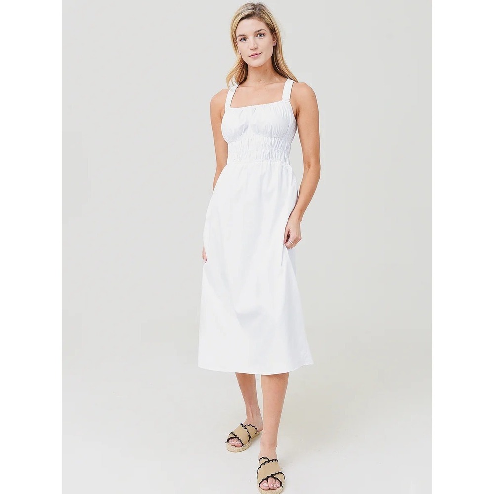 Greylin Nisha Scrunched Strap Poplin Dress White Beach Boho midi Sz M travel